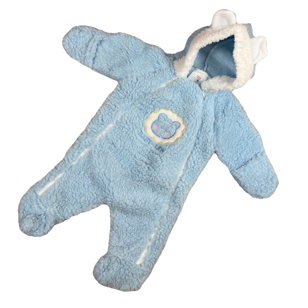 Vtg USA Cuddle Time Hooded Pram Bunting Snow Suit Bear Ear Fuzzy Baby 0-6 Months